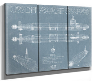 Bella Frye 36" x 24" / 3 Panel Canvas Wrap USS Delaware (SSN-791) Blueprint Wall Art - Original Submarine Print