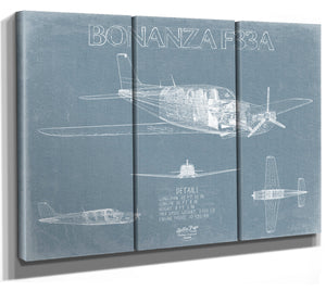 Beechcraft Bonanza F33A Aircraft Blueprint Wall Art - Original Aviation Plane Print