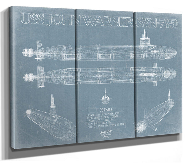 Bella Frye 36" x 24" / 3 Panel Canvas Wrap USS John Warner (SSN-785) Blueprint Wall Art - Original Submarine Print