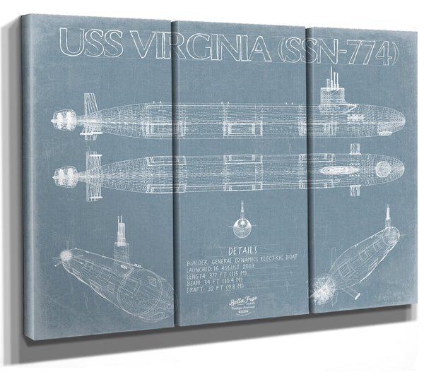 Bella Frye 36" x 24" / 3 Panel Canvas Wrap USS Virginia (SSN-774) Blueprint Wall Art - Original Submarine Print