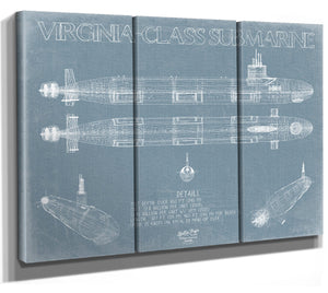 Bella Frye 36" x 24" / 3 Panel Canvas Wrap Virginia-class submarine Blueprint Wall Art - Original Submarine Print