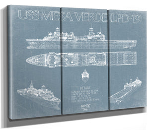 Bella Frye 36" x 24" / 3 Panel Canvas Wrap USS Mesa Verde (LPD-19) Blueprint Wall Art - Original Amphibious Transport Dock Print