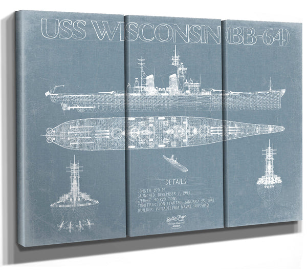 Bella Frye 36" x 24" / 3 Panel Canvas Wrap USS Wisconsin (BB-64) Blueprint Wall Art - Original Battleship Print