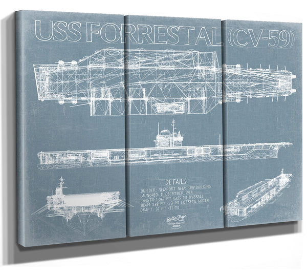 Bella Frye 36" x 24" / 3 Panel Canvas Wrap USS Forrestal (CV-59) Blueprint Wall Art - Original Carrier Print