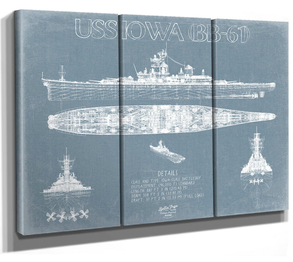 Bella Frye 36" x 24" / 3 Panel Canvas Wrap USS Iowa (BB-61) Blueprint Wall Art - Original Battleship Print