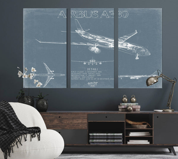 Bella Frye Airbus A330 Aircraft Blueprint Wall Art - Original Aviation Plane Print