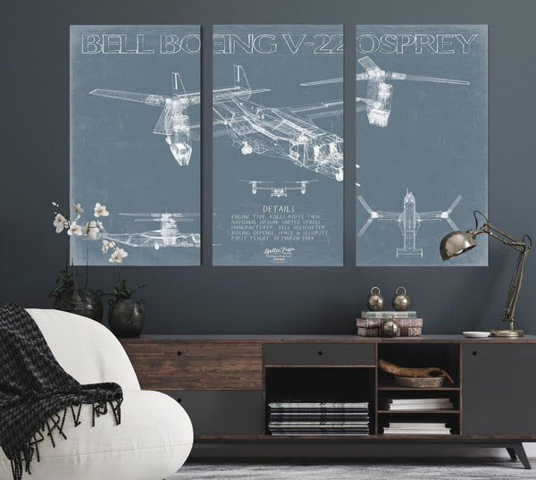 Bella Frye Bell Boeing V-22 Osprey Aircraft Blueprint Wall Art - Original Aviation Plane Print