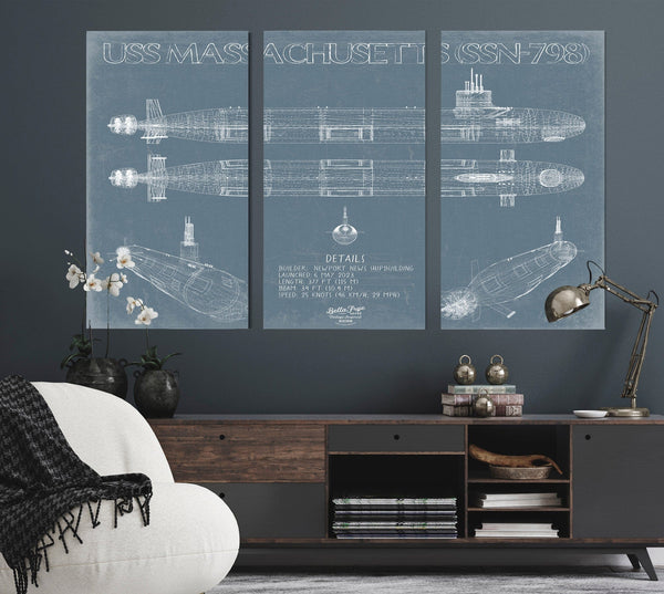 Bella Frye USS Massachusetts (SSN-798) Blueprint Wall Art - Original Submarine Print