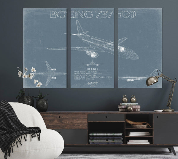 Bella Frye Boeing 737-500 Aircraft Blueprint Wall Art - Original Aviation Plane Print