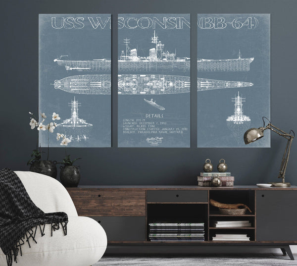 Bella Frye USS Iowa (BB-61) Blueprint Wall Art - Original Battleship Print