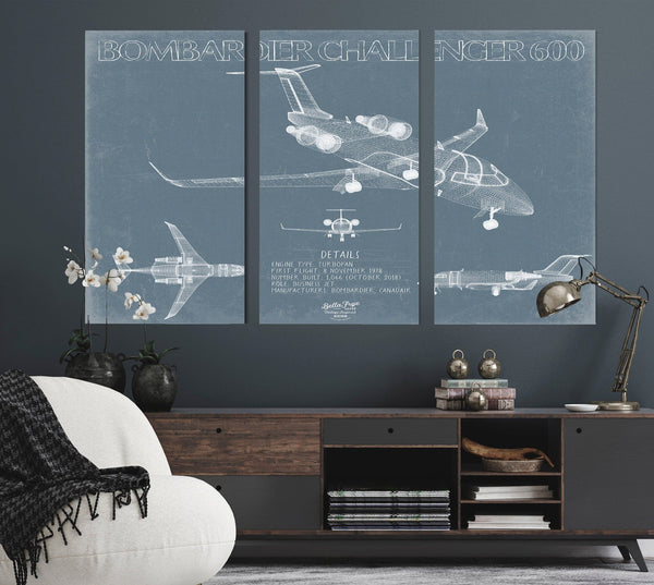 Bella Frye Bombardier Challenger 600 Aircraft Blueprint Wall Art - Original Aviation Plane Print