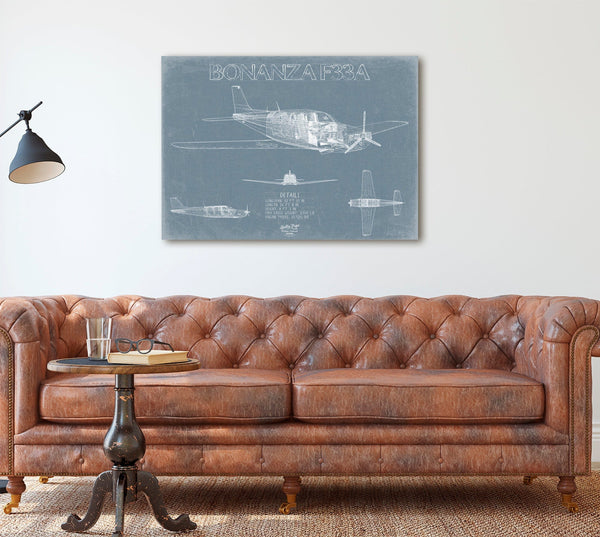 Bella Frye Beechcraft Bonanza F33A Aircraft Blueprint Wall Art - Original Aviation Plane Print