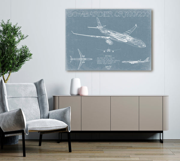 Bella Frye Bombardier Canadair CRJ100/200 Aircraft Blueprint Wall Art - Original Aviation Plane Print