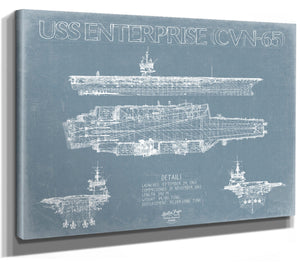 Bella Frye 14" x 11" / Stretched Canvas Wrap USS Enterprise (CVN-65) Frigate Ship Blueprint Wall Art - Original Carrier Print