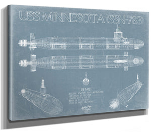 Bella Frye 14" x 11" / Stretched Canvas Wrap USS Minnesota (SSN-783) Blueprint Wall Art - Original Submarine Print