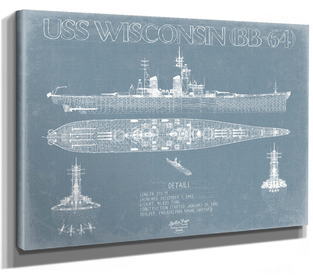 Bella Frye 14" x 11" / Stretched Canvas Wrap USS Wisconsin (BB-64) Blueprint Wall Art - Original Battleship Print