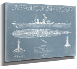 Bella Frye 14" x 11" / Stretched Canvas Wrap USS Wisconsin (BB-64) Blueprint Wall Art - Original Battleship Print