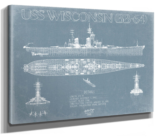 Bella Frye 14" x 11" / Stretched Canvas Wrap USS Wisconsin (BB-64) Blueprint Wall Art - Original Battleship Print