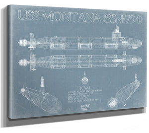 Bella Frye 14" x 11" / Stretched Canvas Wrap USS Montana (SSN-794) Blueprint Wall Art - Original Submarine Print