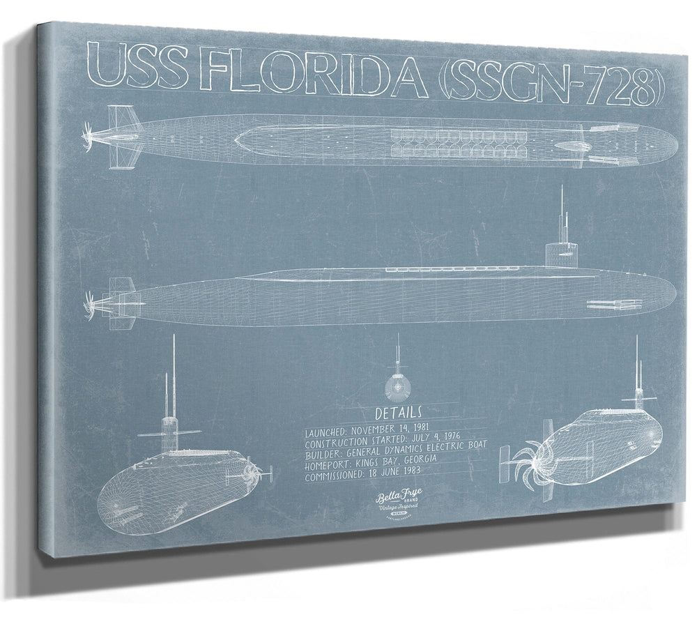 Bella Frye 14" x 11" / Stretched Canvas Wrap USS Florida (SSGN-728) Blueprint Wall Art - Original Submarine Print