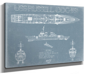 Bella Frye 14" x 11" / Stretched Canvas Wrap USS Russell (DDG-59) Blueprint Wall Art - Original Destroyer Print