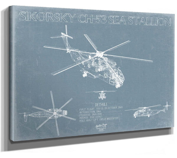 Bella Frye 14" x 11" / Stretched Canvas Wrap Sikorsky CH-53 Sea Stallion Aircraft Blueprint Wall Art - Original Jet Aviation Print