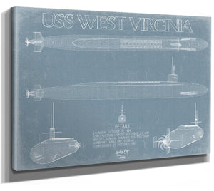 Bella Frye 14" x 11" / Stretched Canvas Wrap USS West Virginia (SSBN-736) Blueprint Wall Art - Original Submarine Print