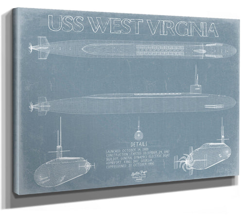 Bella Frye 14" x 11" / Stretched Canvas Wrap USS West Virginia (SSBN-736) Blueprint Wall Art - Original Submarine Print