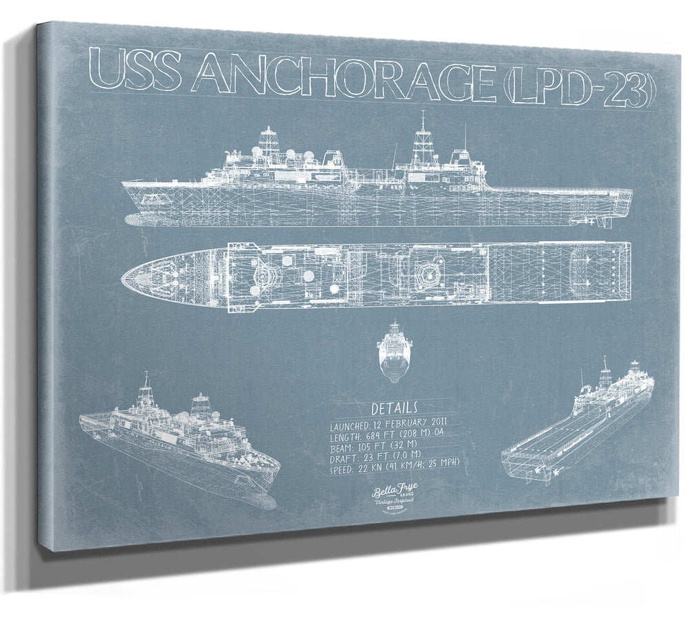 Bella Frye 14" x 11" / Stretched Canvas Wrap USS Anchorage (LPD-23) Blueprint Wall Art - Original Amphibious Transport Dock Print