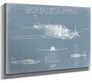 Bella Frye 14" x 11" / Stretched Canvas Wrap Beechcraft Bonanza F33A Aircraft Blueprint Wall Art - Original Aviation Plane Print