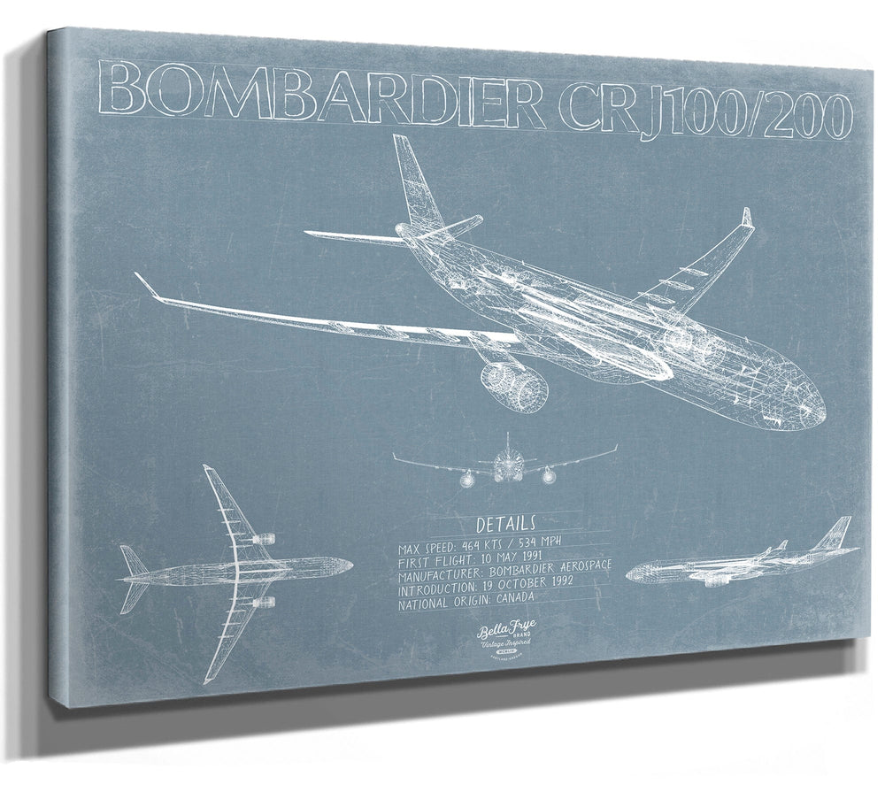 Bella Frye 14" x 11" / Stretched Canvas Wrap Bombardier Canadair CRJ100/200 Aircraft Blueprint Wall Art - Original Aviation Plane Print