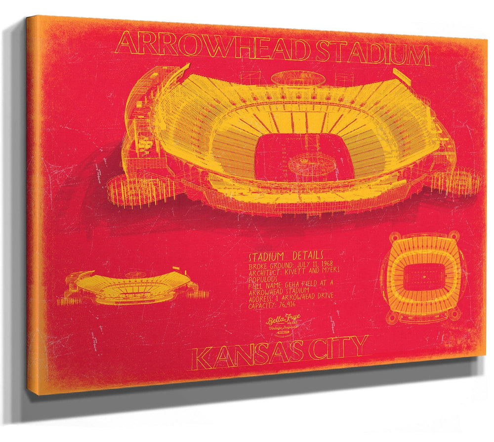 Bella Frye 14" x 11" / Stretched Canvas Wrap Arrowhead Stadium Wall Art - Kansas City Chiefs Blueprint Football Stadium Print