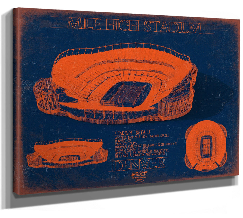 Bella Frye 14" x 11" / Stretched Canvas Wrap Mile High Stadium Wall Art - Original Denver Broncos Team Color Print