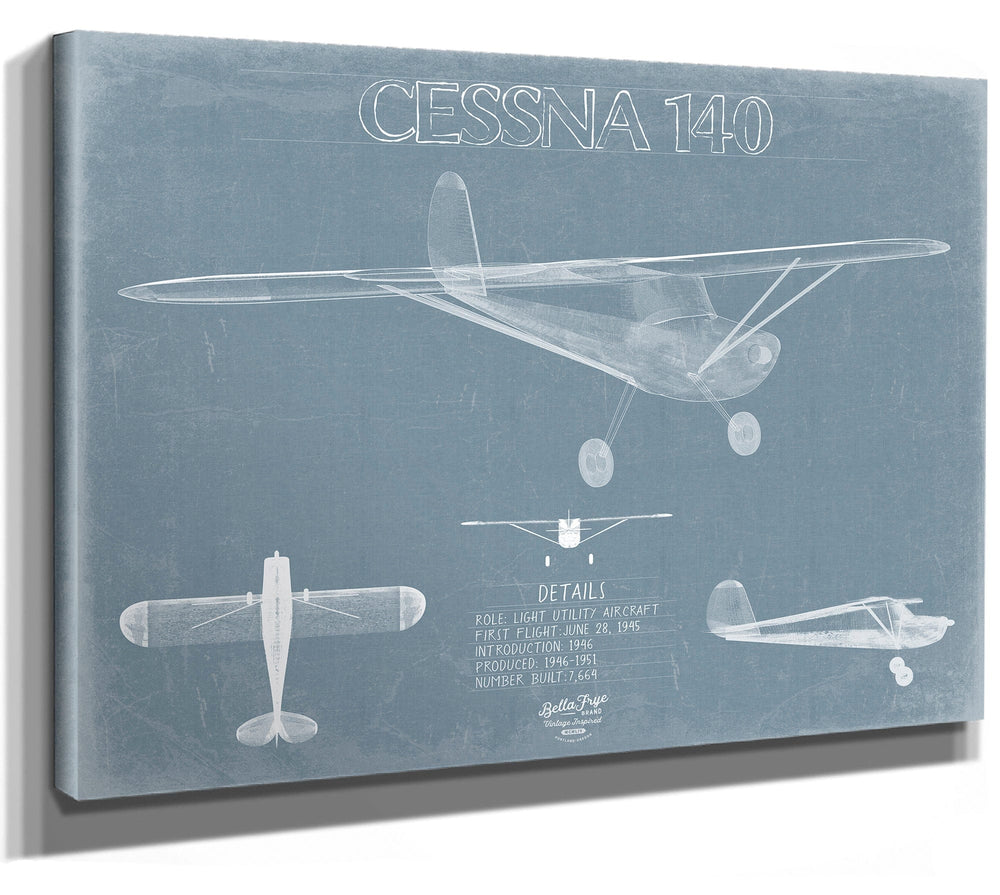 Bella Frye 14" x 11" / Stretched Canvas Wrap Cessna 140 Aircraft Blueprint Wall Art - Original Airplane Print