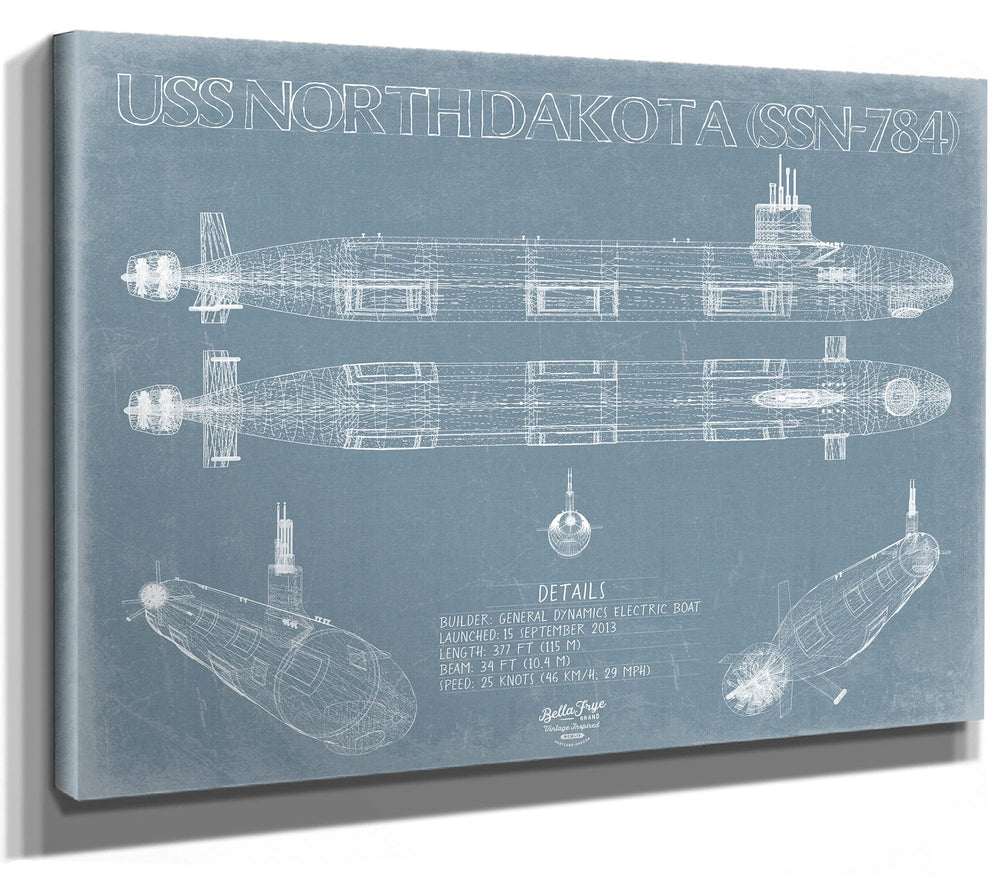 Bella Frye 14" x 11" / Stretched Canvas Wrap USS North Dakota (SSN-784) Blueprint Wall Art - Original Submarine Print