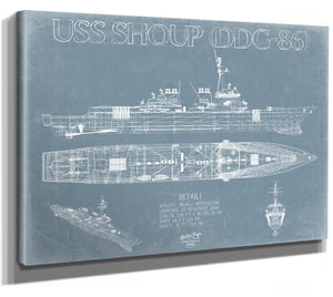 Bella Frye 14" x 11" / Stretched Canvas Wrap USS Shoup (DDG-86) Blueprint Wall Art - Original Guided-Missile Destroyer Print