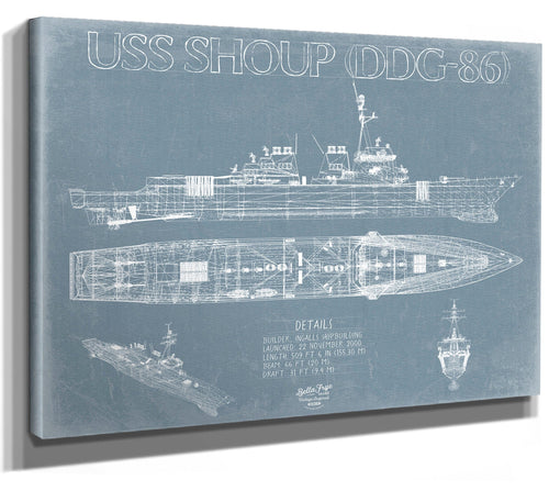 Bella Frye 14" x 11" / Stretched Canvas Wrap USS Shoup (DDG-86) Blueprint Wall Art - Original Guided-Missile Destroyer Print