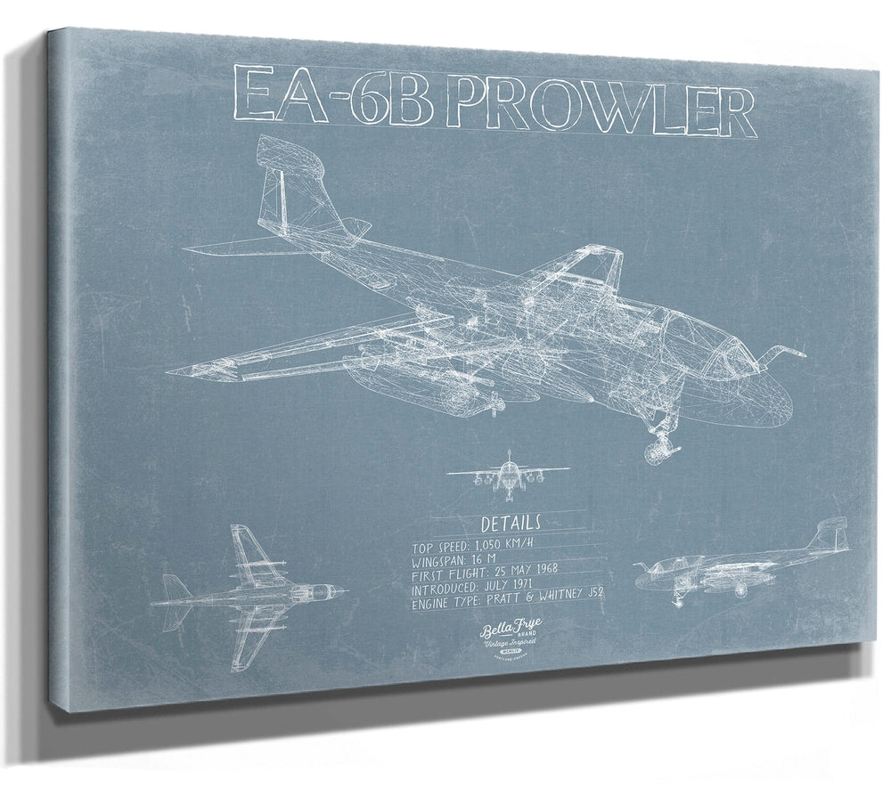 Bella Frye 14" x 11" / Stretched Canvas Wrap Northrop Grumman EA-6B Prowler Aircraft Blueprint Wall Art - Original Fighter Plane Print