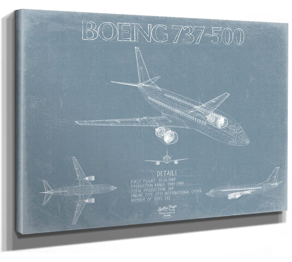 Bella Frye 14" x 11" / Stretched Canvas Wrap Boeing 737-500 Aircraft Blueprint Wall Art - Original Aviation Plane Print