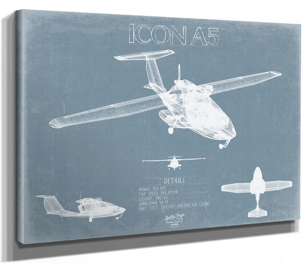 Bella Frye 14" x 11" / Stretched Canvas Wrap ICON A5 Light-Sport Aircraft Blueprint Wall Art - Original Airplane Print