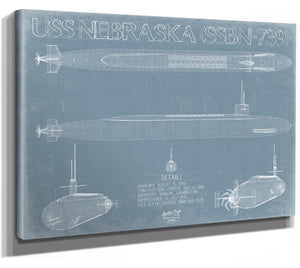 Bella Frye 14" x 11" / Stretched Canvas Wrap USS Nebraska (SSBN-739) Blueprint Wall Art - Original Submarine Print