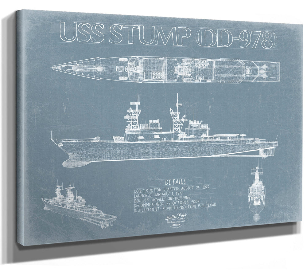 Bella Frye 14" x 11" / Stretched Canvas Wrap USS Stump (DD-978) Blueprint Wall Art - Original Carrier Print