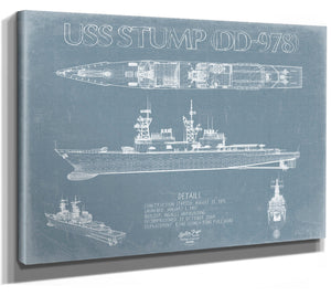 Bella Frye 14" x 11" / Stretched Canvas Wrap USS Stump (DD-978) Blueprint Wall Art - Original Carrier Print