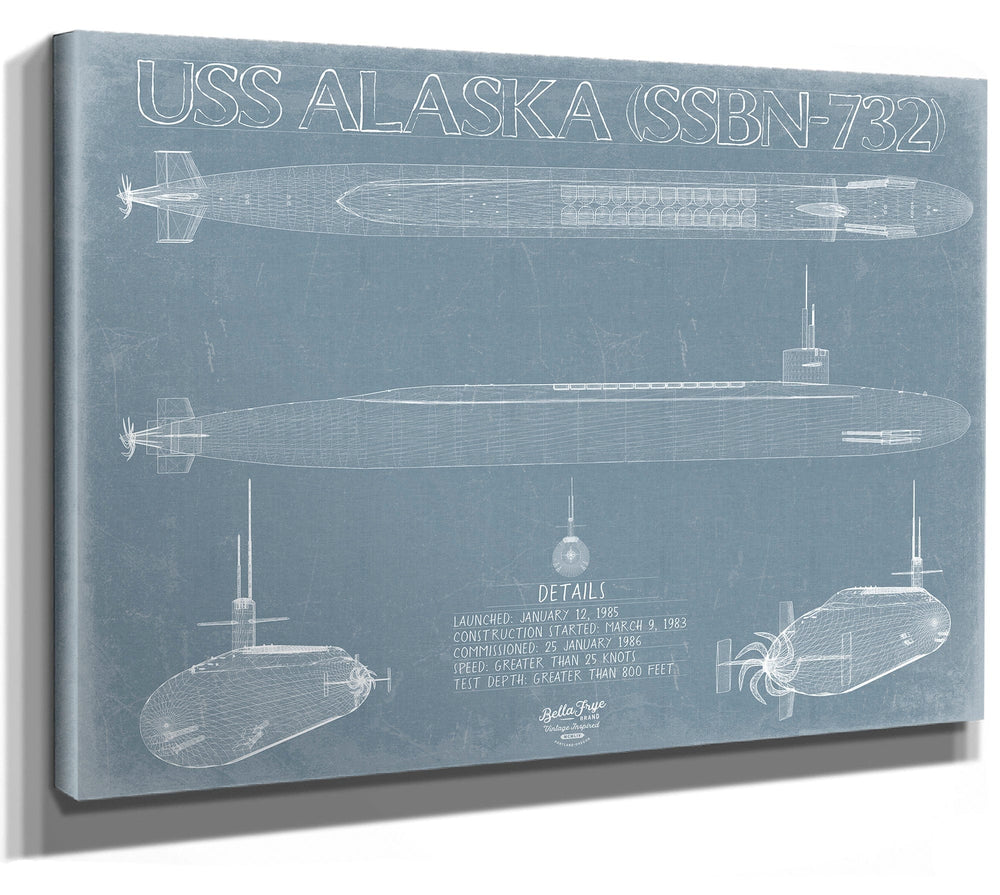 Bella Frye 14" x 11" / Stretched Canvas Wrap USS Alaska (SSBN-732) Blueprint Wall Art - Original Submarine Print