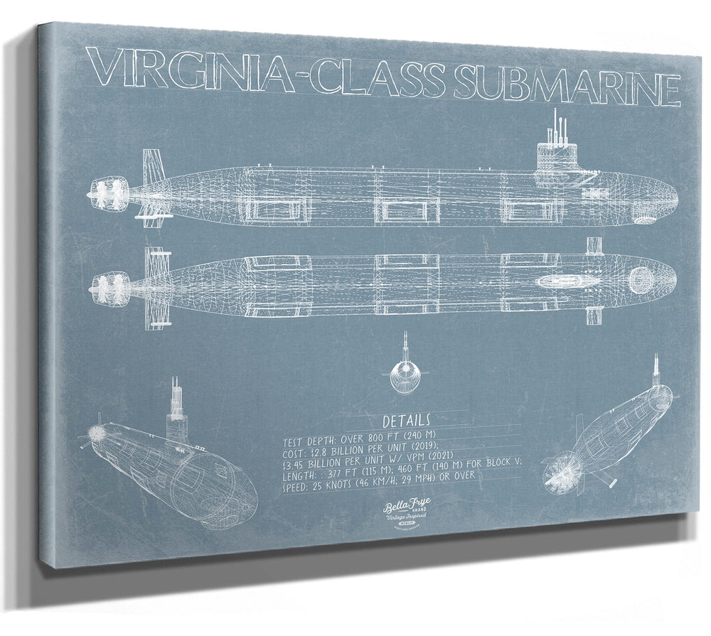 Bella Frye 14" x 11" / Stretched Canvas Wrap Virginia-class submarine Blueprint Wall Art - Original Submarine Print