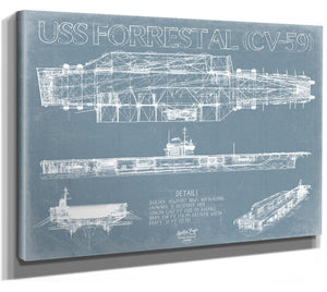 Bella Frye 14" x 11" / Stretched Canvas Wrap USS Forrestal (CV-59) Blueprint Wall Art - Original Carrier Print