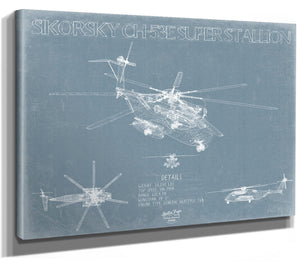 Bella Frye 14" x 11" / Stretched Canvas Wrap Sikorsky CH-53E Super Stallion Aircraft Blueprint Wall Art - Original Jet Aviation Print