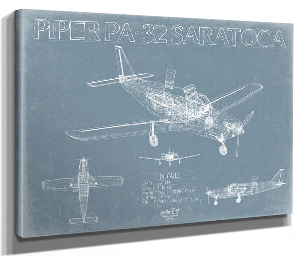 Bella Frye 14" x 11" / Stretched Canvas Wrap Piper PA-32 Saratoga Aircraft Blueprint Wall Art - Original Airplane Print