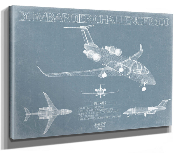 Bella Frye 14" x 11" / Stretched Canvas Wrap Bombardier Challenger 600 Aircraft Blueprint Wall Art - Original Aviation Plane Print