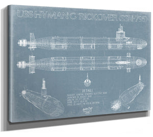 Bella Frye 14" x 11" / Stretched Canvas Wrap USS Hyman G. Rickover (SSN-795) Blueprint Wall Art - Original Submarine Print